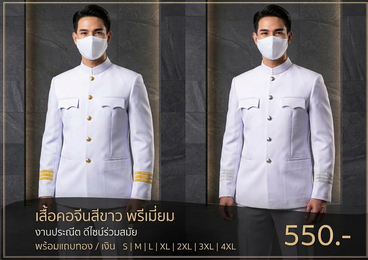 เสื้อสีขาวคอจีนติดแถบสีทอง