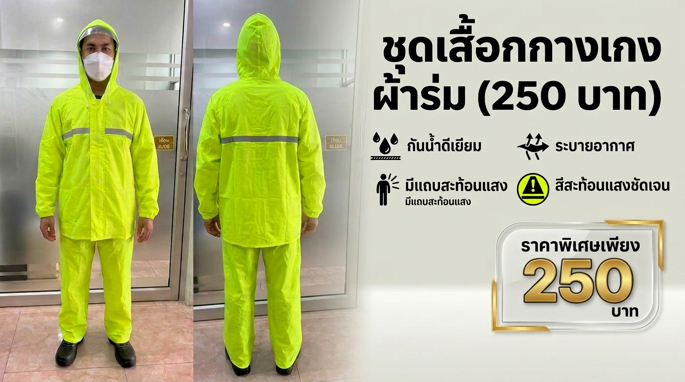 High-visibility rain suit advertisement Bright yellow rain suit with reflective strips shown from front and back